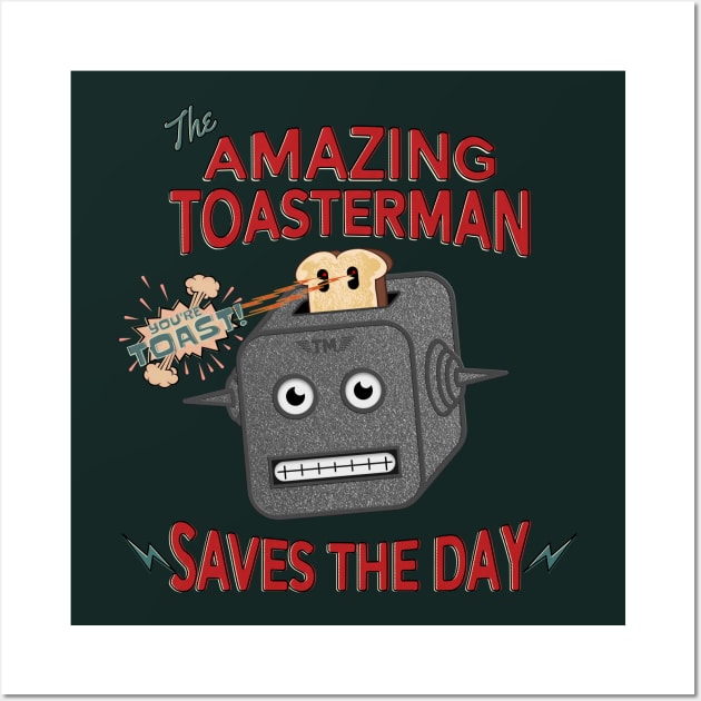 The Amazing Toasterman Saves The Day Funny Chrome Toaster Robot Wall Art by SunGraphicsLab